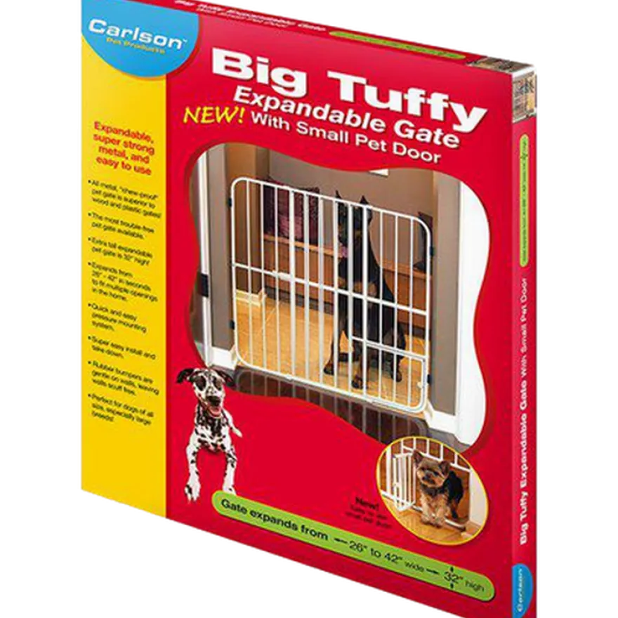 Big Tuffy ekspanderbar grind med liten kjæledyrdør hvit 66-107 x 81 cm