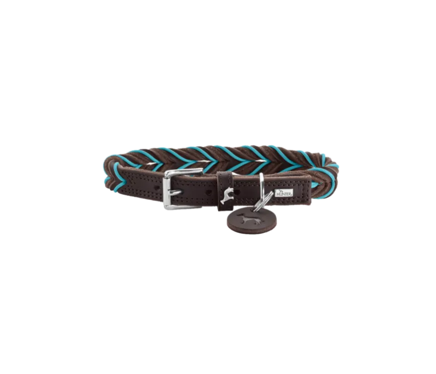 Dog Collar Solid Education Cord Cow Leather Dark Brown/Turquoise XS 40cm