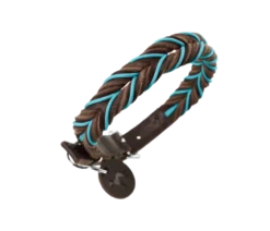 Dog Collar Solid Education Cord Cow Leather Dark Brown/Turquoise XS 40cm