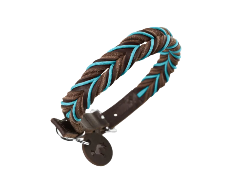 Dog Collar Solid Education Cord Cow Leather Dark Brown/Turquoise XS 40cm