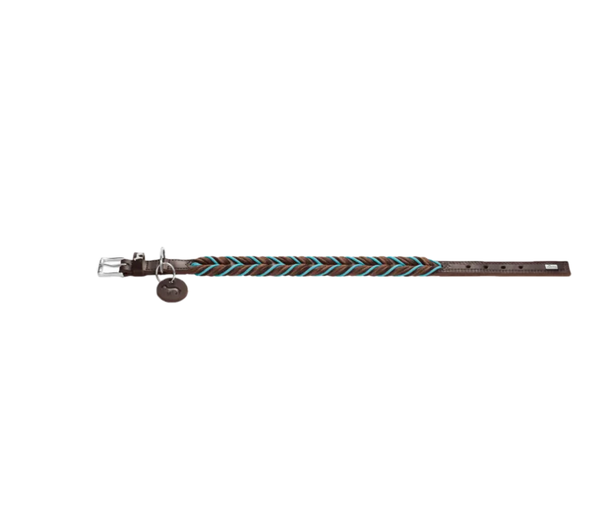 Dog Collar Solid Education Cord Cow Leather Dark Brown/Turquoise XS 40cm