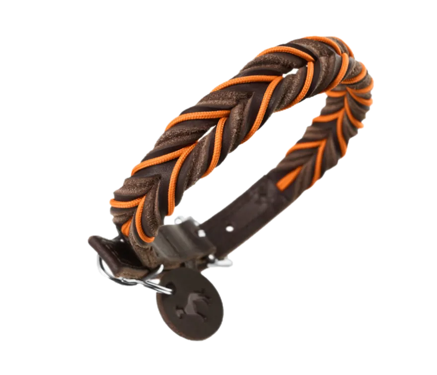 Dog Collar Solid Education Cord Cow Leather Dark Brown/Turquoise XS 40cm