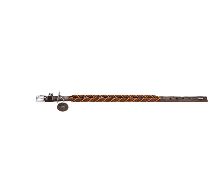 Dog Collar Solid Education Cord Cow Leather Dark Brown/Turquoise XS 40cm