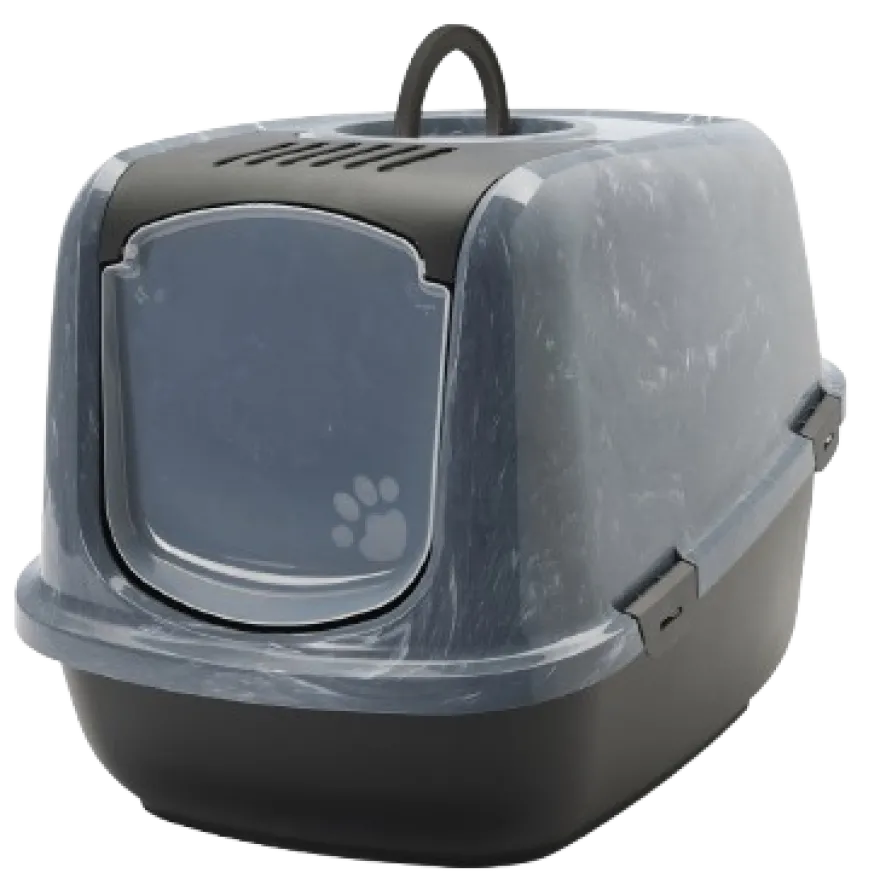 Katteboks Nestor Jumbo Marble med tak, 66,5x48,5x46,5cm, Grå/Svart