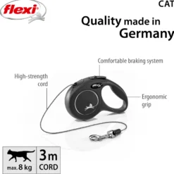 Rullebånd New Classic Cat Cord 3m, XS, maks 8 kg, Svart